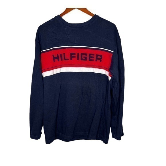 Vintage Y2K Tommy Hilfiger Pullover Knit Sweater Mens M Spell Out Navy Blue Red
